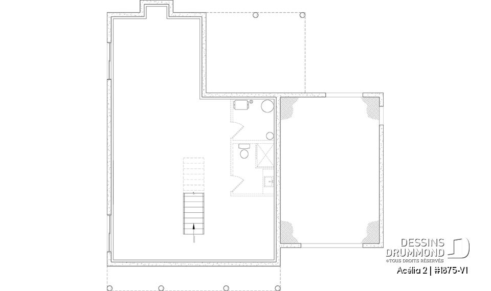 Sous-sol aménageable - Plan de maison de style Canadien, 3 chambres, garage, terrasse abritée, bureau, plafond cathédrale au salon - Acélia 2