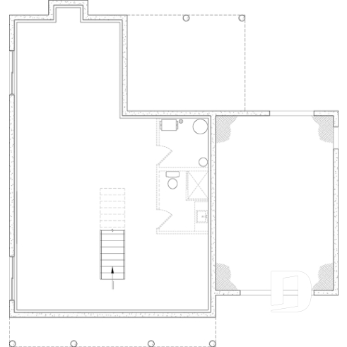 Sous-sol aménageable - Plan de maison de style Canadien, 3 chambres, garage, terrasse abritée, bureau, plafond cathédrale au salon - Acélia 2