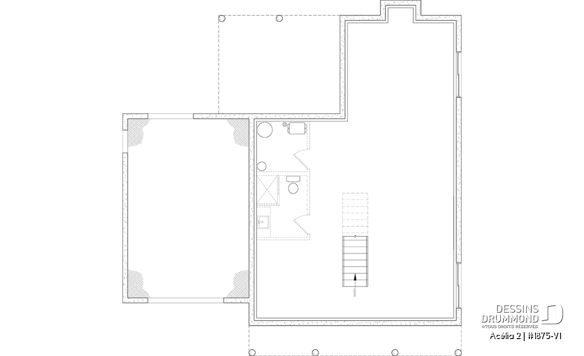Sous-sol aménageable - Plan de maison de style Canadien, 3 chambres, garage, terrasse abritée, bureau, plafond cathédrale au salon - Acélia 2