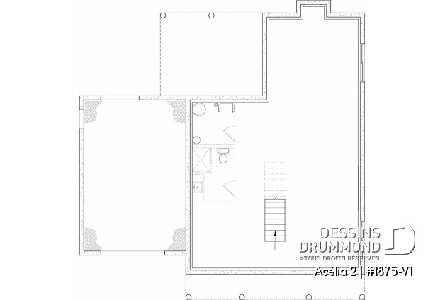 Sous-sol aménageable du plan de maison unifamiliale 1875-V1 Sous-sol aménageable - Plan de maison de style Canadien, 3 chambres, garage, terrasse abritée, bureau, plafond cathédrale au salon - Acélia 2