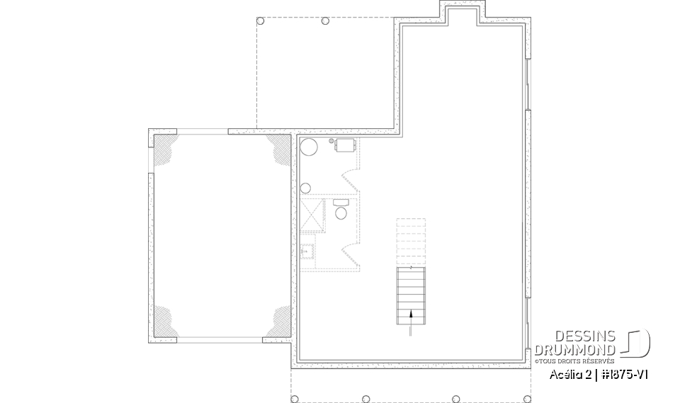 Sous-sol aménageable - Plan de maison de style Canadien, 3 chambres, garage, terrasse abritée, bureau, plafond cathédrale au salon - Acélia 2