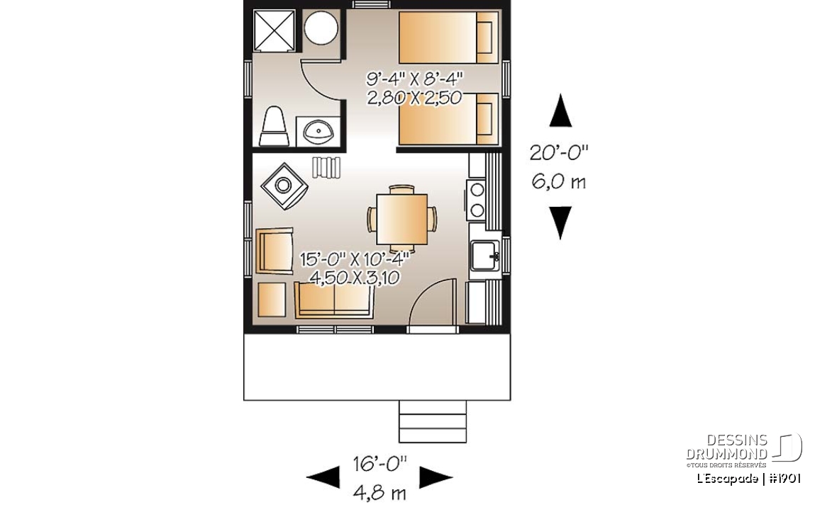 Rez-de-chaussée - Plan de petit chalet 1 chambre, 1 salle de bain, versions isolée et non-isolée incluses au plan, poêle à bois - L'Escapade