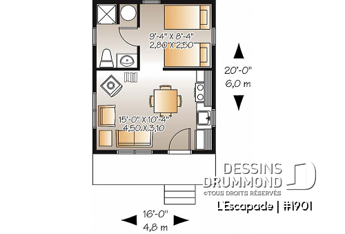 Rez-de-chaussée - Plan de petit chalet 1 chambre, 1 salle de bain, versions isolée et non-isolée incluses au plan, poêle à bois - L'Escapade