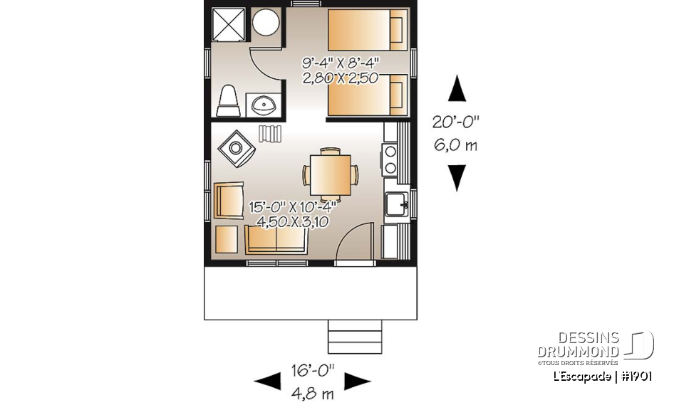 Rez-de-chaussée - Plan de petit chalet 1 chambre, 1 salle de bain, versions isolée et non-isolée incluses au plan, poêle à bois - L'Escapade