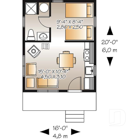 Rez-de-chaussée - Plan de petit chalet 1 chambre, 1 salle de bain, versions isolée et non-isolée incluses au plan, poêle à bois - L'Escapade