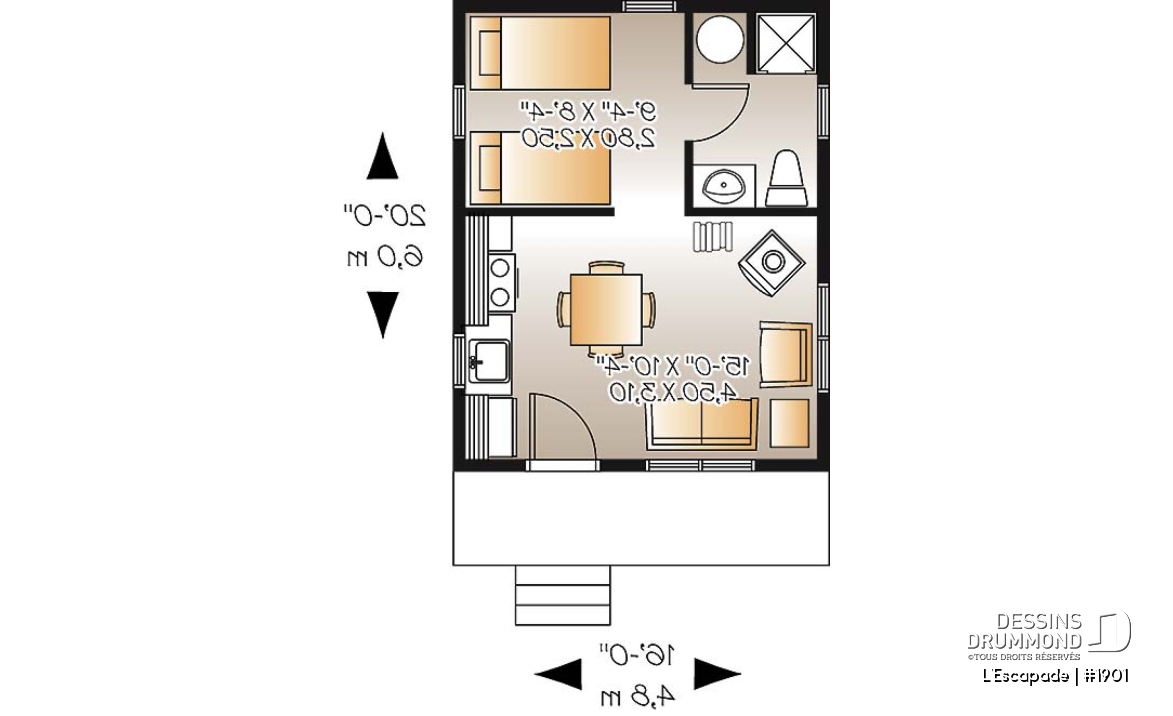 Rez-de-chaussée - Plan de petit chalet 1 chambre, 1 salle de bain, versions isolée et non-isolée incluses au plan, poêle à bois - L'Escapade