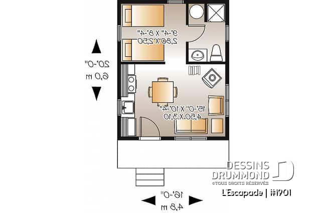Rez-de-chaussée - Plan de petit chalet 1 chambre, 1 salle de bain, versions isolée et non-isolée incluses au plan, poêle à bois - L'Escapade