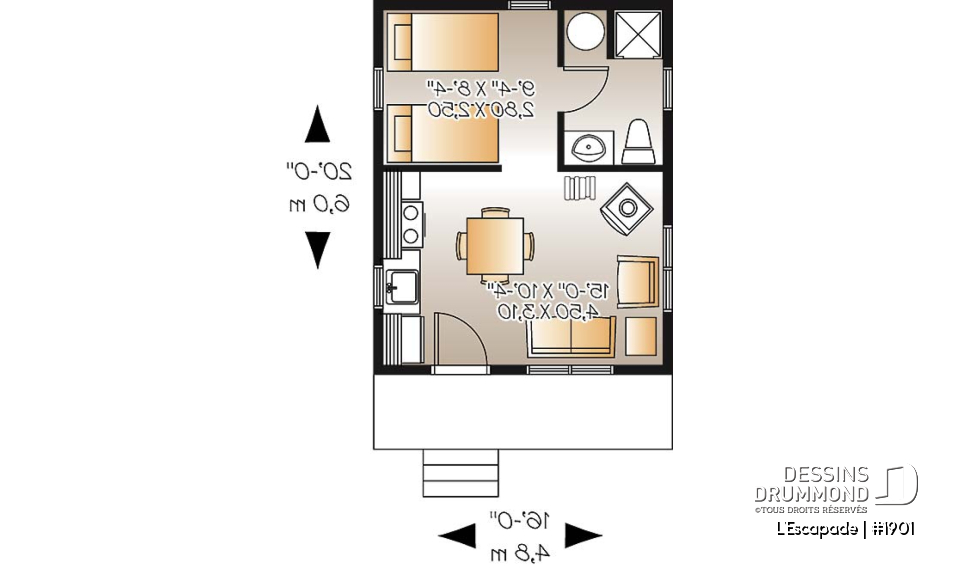 Rez-de-chaussée - Plan de petit chalet 1 chambre, 1 salle de bain, versions isolée et non-isolée incluses au plan, poêle à bois - L'Escapade