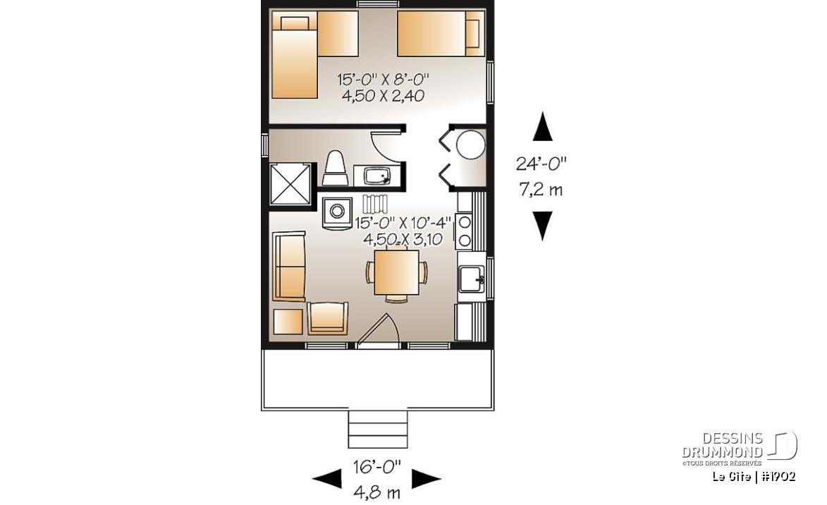 Rez-de-chaussée - Plan de petit mini chalet 1 chambre, aire ouverte, économique, poêle à bois, petit balcon avant - Le Gîte