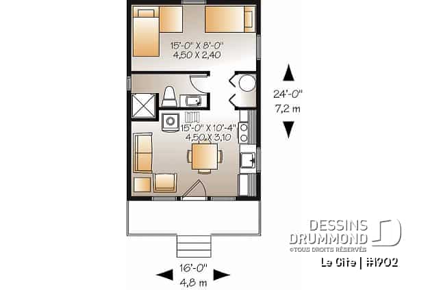 Rez-de-chaussée - Plan de petit mini chalet 1 chambre, aire ouverte, économique, poêle à bois, petit balcon avant - Le Gîte