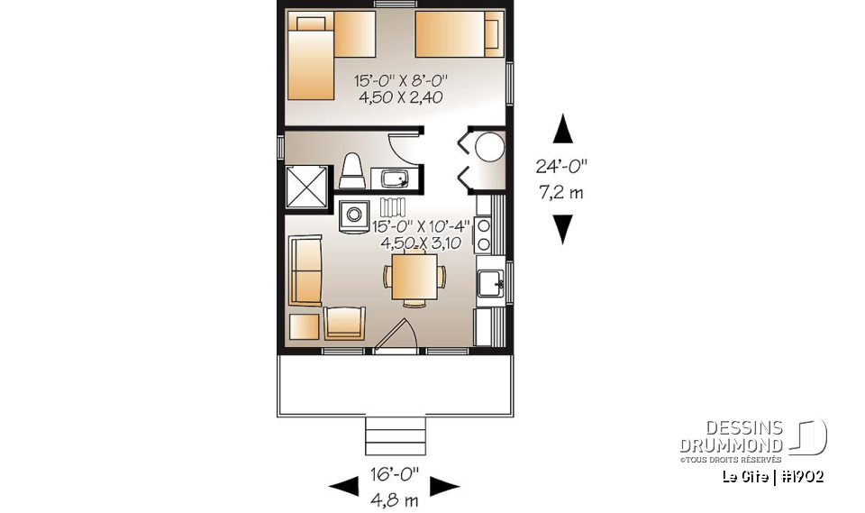 Rez-de-chaussée - Plan de petit mini chalet 1 chambre, aire ouverte, économique, poêle à bois, petit balcon avant - Le Gîte