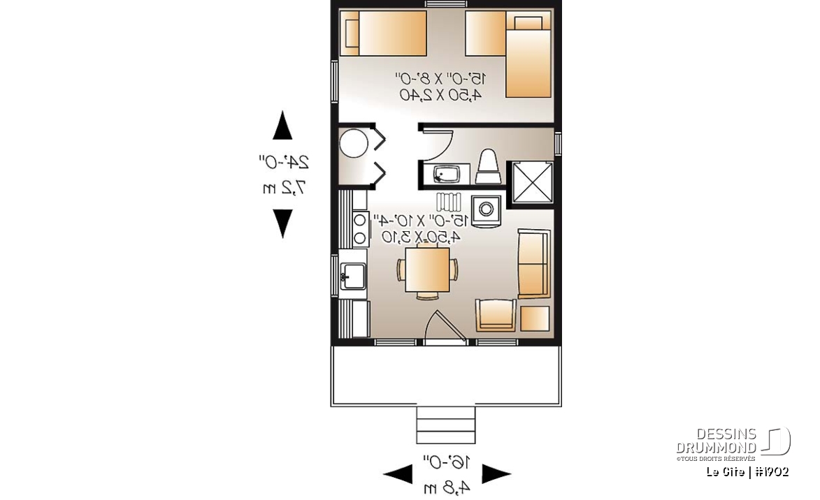 Rez-de-chaussée - Plan de petit mini chalet 1 chambre, aire ouverte, économique, poêle à bois, petit balcon avant - Le Gîte