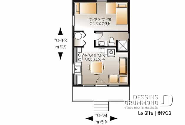 Rez-de-chaussée - Plan de petit mini chalet 1 chambre, aire ouverte, économique, poêle à bois, petit balcon avant - Le Gîte