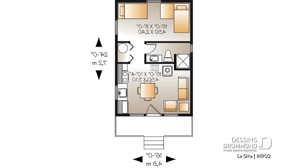 Rez-de-chaussée - Plan de petit mini chalet 1 chambre, aire ouverte, économique, poêle à bois, petit balcon avant - Le Gîte