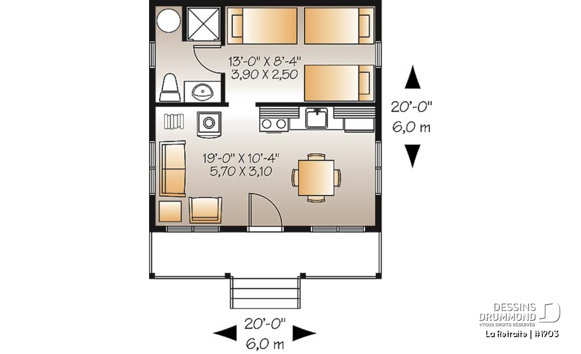 Rez-de-chaussée - Plan de petit mini chalet économique 1 chambre, grand balcon couvert, à aire ouverte, micro chalet - La Retraite