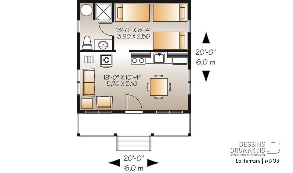 Rez-de-chaussée - Plan de petit mini chalet économique 1 chambre, grand balcon couvert, à aire ouverte, micro chalet - La Retraite