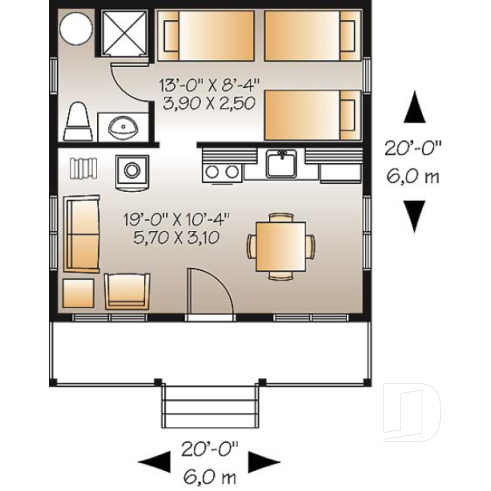 Rez-de-chaussée - Plan de petit mini chalet économique 1 chambre, grand balcon couvert, à aire ouverte, micro chalet - La Retraite