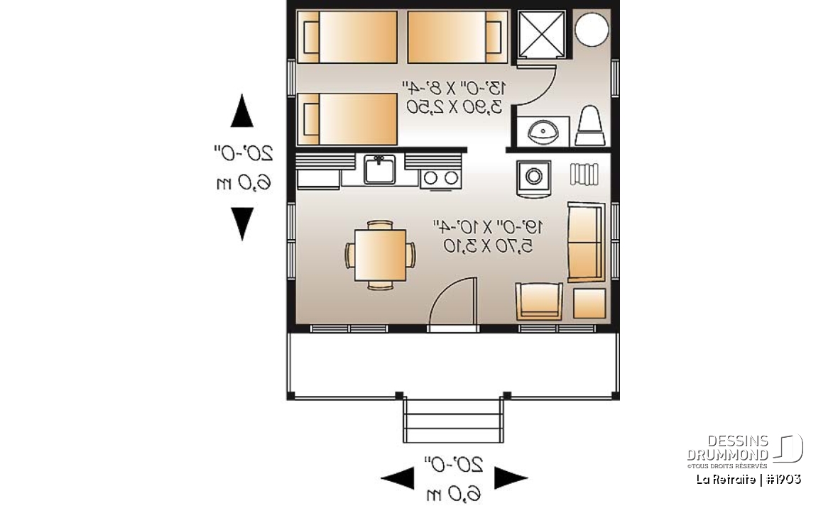 Rez-de-chaussée - Plan de petit mini chalet économique 1 chambre, grand balcon couvert, à aire ouverte, micro chalet - La Retraite