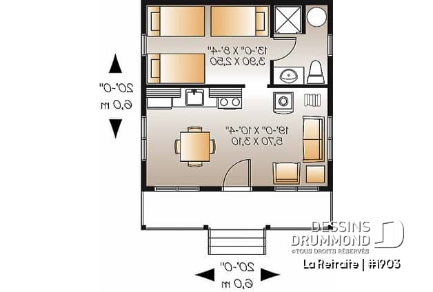 Rez-de-chaussée - Plan de petit mini chalet économique 1 chambre, grand balcon couvert, à aire ouverte, micro chalet - La Retraite