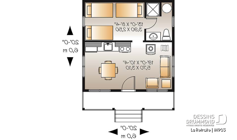 Rez-de-chaussée - Plan de petit mini chalet économique 1 chambre, grand balcon couvert, à aire ouverte, micro chalet - La Retraite
