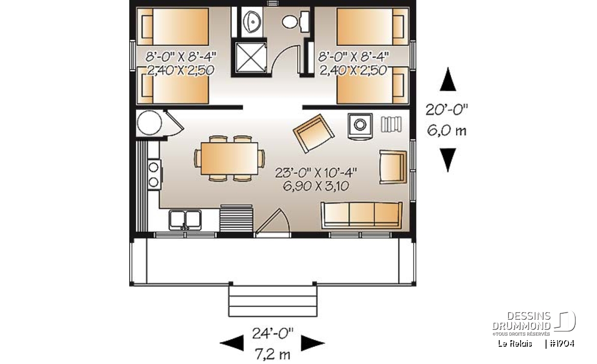 Rez-de-chaussée - Plan de petit chalet ou mini maison 2 chambres, options 3 et 4-saisons incl., poêle à bois, prix économique - Le Relais    