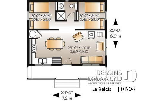 Rez-de-chaussée - Plan de petit chalet ou mini maison 2 chambres, options 3 et 4-saisons incl., poêle à bois, prix économique - Le Relais    