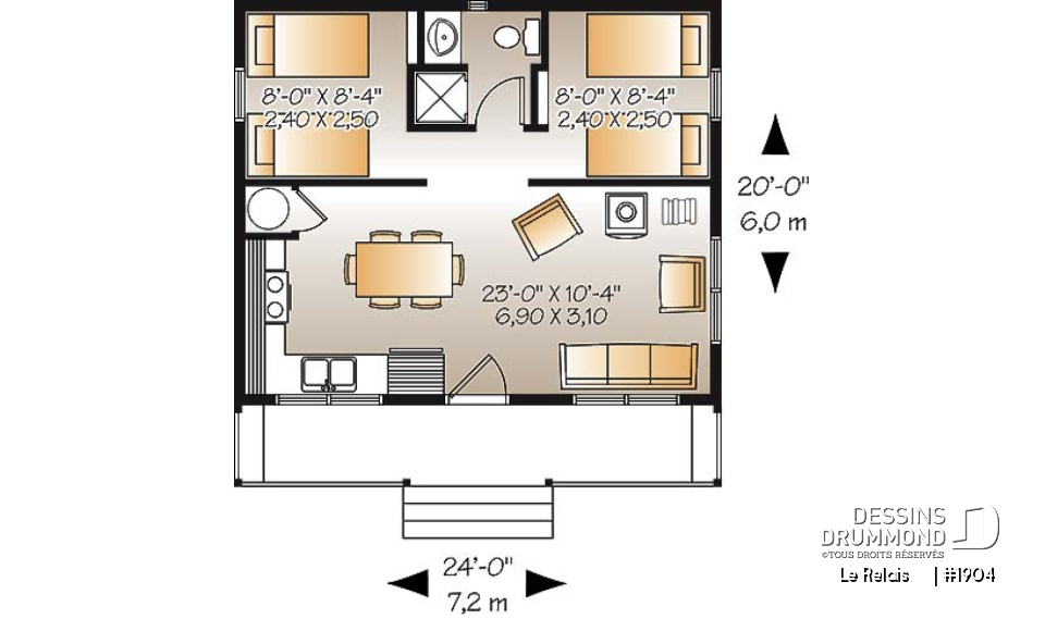 Rez-de-chaussée - Plan de petit chalet ou mini maison 2 chambres, options 3 et 4-saisons incl., poêle à bois, prix économique - Le Relais    
