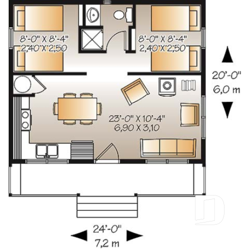 Rez-de-chaussée - Plan de petit chalet ou mini maison 2 chambres, options 3 et 4-saisons incl., poêle à bois, prix économique - Le Relais    