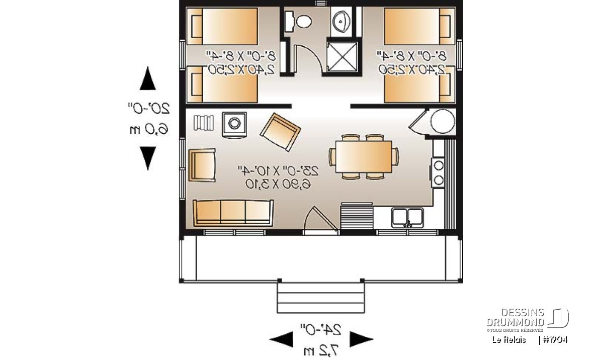 Rez-de-chaussée - Plan de petit chalet ou mini maison 2 chambres, options 3 et 4-saisons incl., poêle à bois, prix économique - Le Relais    