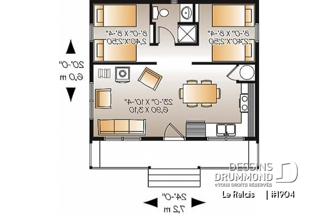 Rez-de-chaussée - Plan de petit chalet ou mini maison 2 chambres, options 3 et 4-saisons incl., poêle à bois, prix économique - Le Relais    