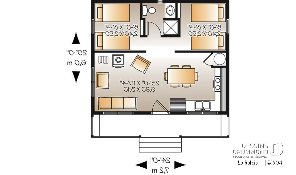 Rez-de-chaussée - Plan de petit chalet ou mini maison 2 chambres, options 3 et 4-saisons incl., poêle à bois, prix économique - Le Relais    