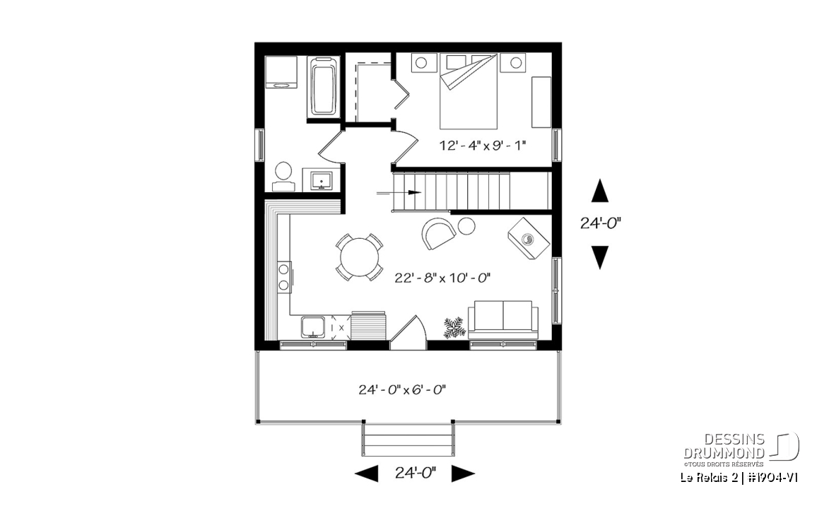 Rez-de-chaussée - Plan de chalet économique avec sous-sol, balcon couvert, une chambre, poêle à bois, cathédral - Le Relais 2