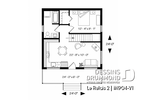 Rez-de-chaussée - Plan de mini chalet avec sous-sol, balcon couvert, une chambre, walk-in, poêle à bois, cathédral - Le Relais 2