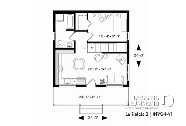 Rez-de-chaussée - Plan de mini chalet avec sous-sol, balcon couvert, une chambre, walk-in, poêle à bois, cathédral - Le Relais 2
