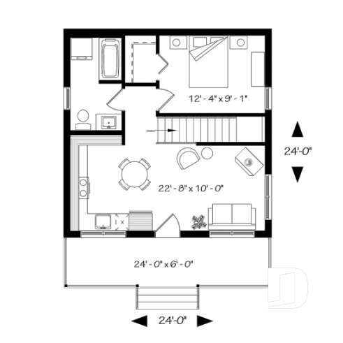 Rez-de-chaussée - Plan de chalet économique avec sous-sol, balcon couvert, une chambre, poêle à bois, cathédral - Le Relais 2