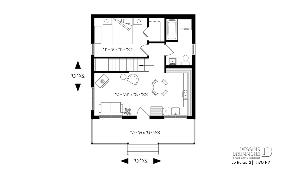 Rez-de-chaussée - Plan de chalet économique avec sous-sol, balcon couvert, une chambre, poêle à bois, cathédral - Le Relais 2