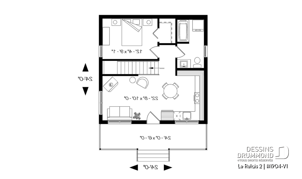 Rez-de-chaussée - Plan de chalet économique avec sous-sol, balcon couvert, une chambre, poêle à bois, cathédral - Le Relais 2