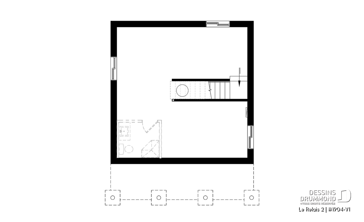Sous-sol - Plan de chalet économique avec sous-sol, balcon couvert, une chambre, poêle à bois, cathédral - Le Relais 2