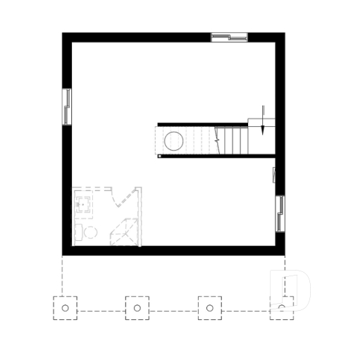 Sous-sol - Plan de chalet économique avec sous-sol, balcon couvert, une chambre, poêle à bois, cathédral - Le Relais 2