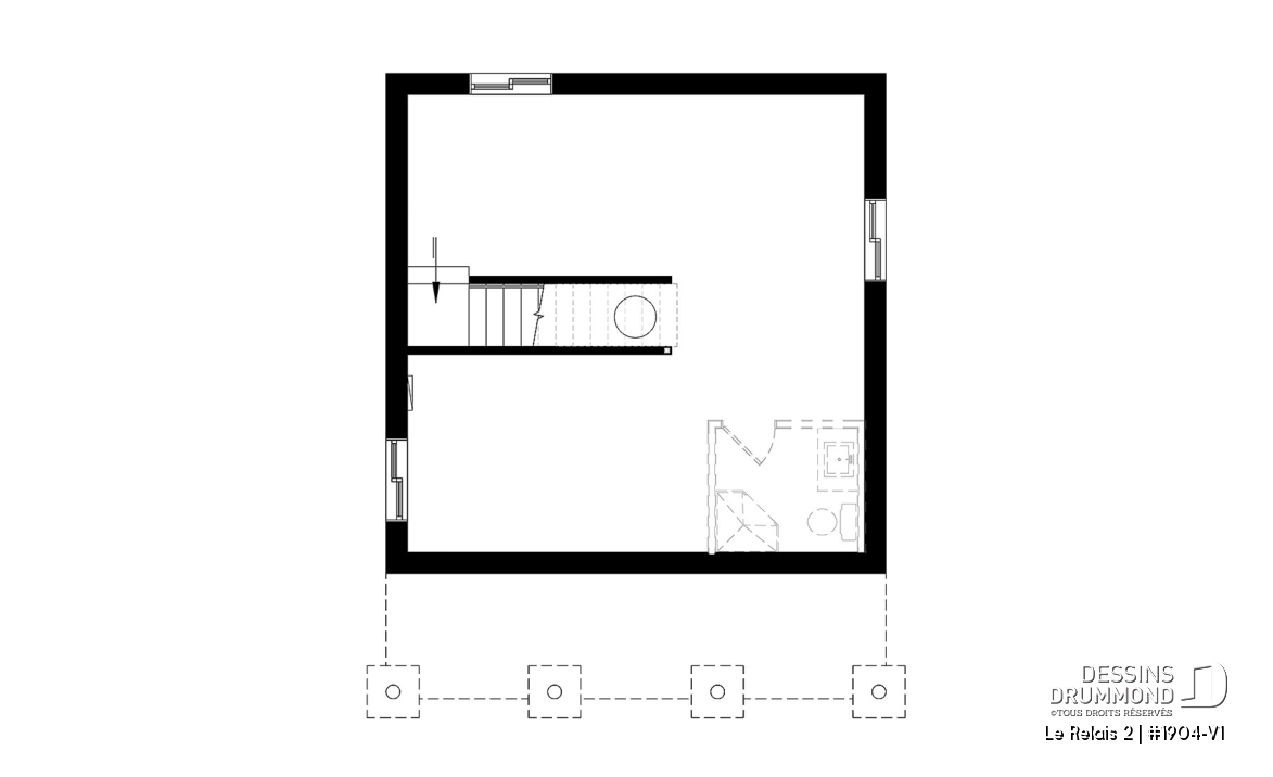 Sous-sol - Plan de chalet économique avec sous-sol, balcon couvert, une chambre, poêle à bois, cathédral - Le Relais 2