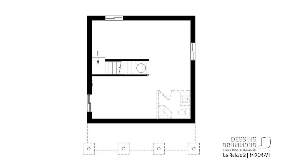 Sous-sol - Plan de chalet économique avec sous-sol, balcon couvert, une chambre, poêle à bois, cathédral - Le Relais 2