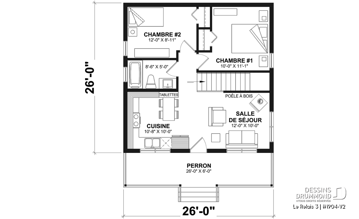 Rez-de-chaussée - Plan de chalet moderne 4 saisons – 2 à 4 chambres, sous-sol modulable et poêle à bois - Le Relais 3