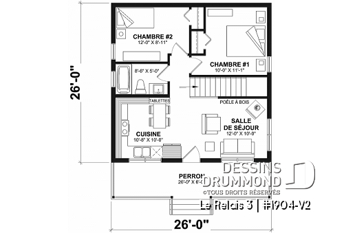 Rez-de-chaussée - Plan de petit chalet 2 chambres avec sous-sol, grande galerie couverte, plafond en pente,  - Le Relais 3
