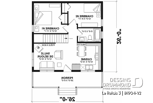 Rez-de-chaussée - Plan de petit chalet 2 chambres avec sous-sol, grande galerie couverte, plafond en pente,  - Le Relais 3