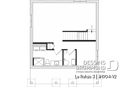 Sous-sol - Plan de petit chalet 2 chambres avec sous-sol, grande galerie couverte, plafond en pente,  - Le Relais 3