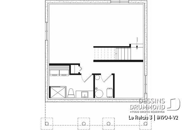 Sous-sol - Plan de petit chalet 2 chambres avec sous-sol, grande galerie couverte, plafond en pente,  - Le Relais 3