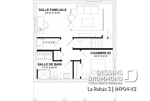 Sous-sol aménagé - Plan de chalet économique 2 chambres avec sous-sol, petit chalet, galerie couverte, plafond en pente - Le Relais 3