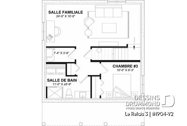 Sous-sol aménagé - Plan de chalet économique 2 chambres avec sous-sol, petit chalet, galerie couverte, plafond en pente - Le Relais 3