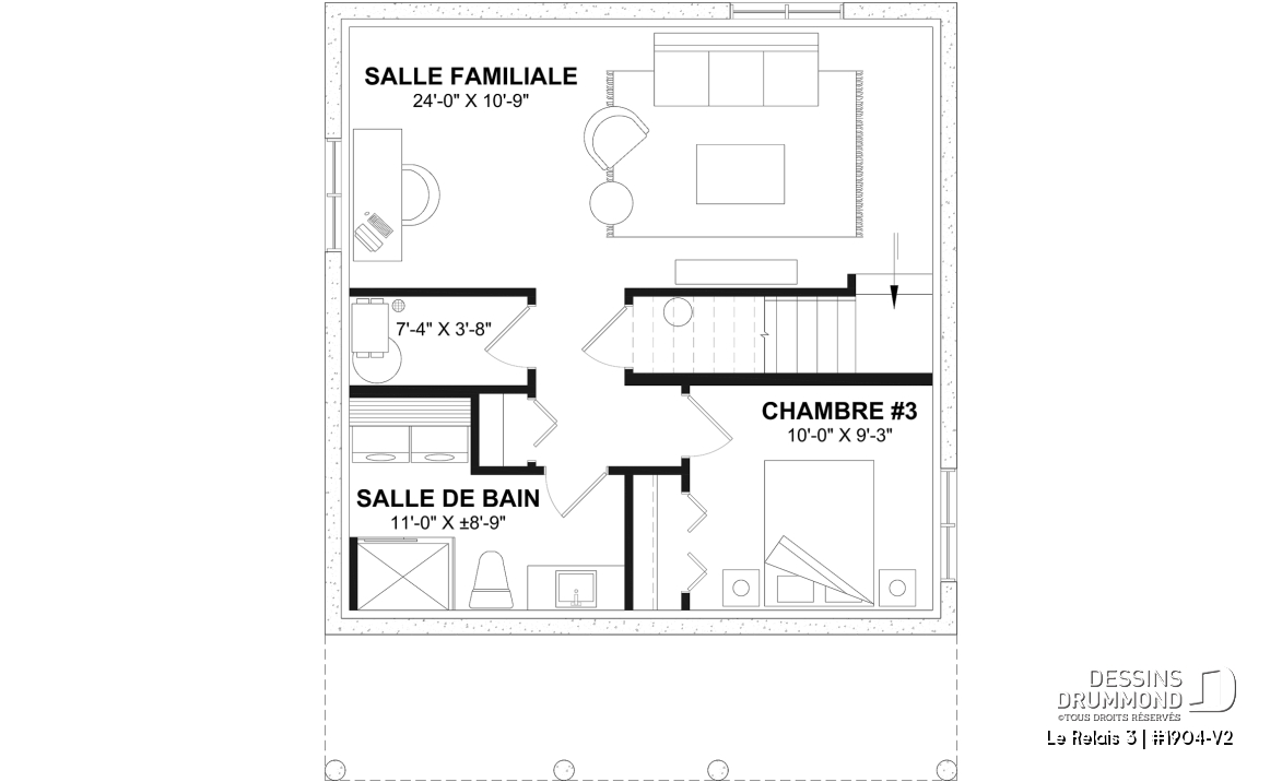 Sous-sol aménagé (Optionel $) - Plan de chalet moderne 4 saisons – 2 à 4 chambres, sous-sol modulable et poêle à bois - Le Relais 3