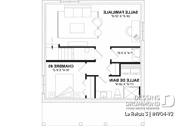 Sous-sol aménagé - Plan de petit chalet moderne économique, 2 à 3 chambres, sous-sol aménagé optionnel ($), plafond en pente - Le Relais 3